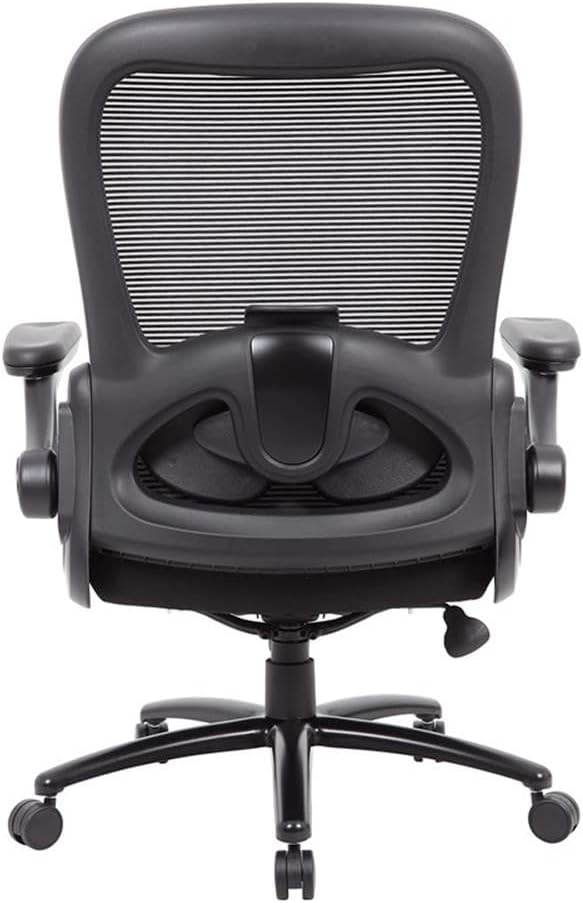 Pemberly Row Heavy Duty Flip Arm Mesh Task Chair, 400 lbs Weight Capacity, Black Upholstered Seat, Adjustable Tilt and Lumbar Support, Steel Base with Casters, Ergonomic Office Chair 30.5"W X 30"D X