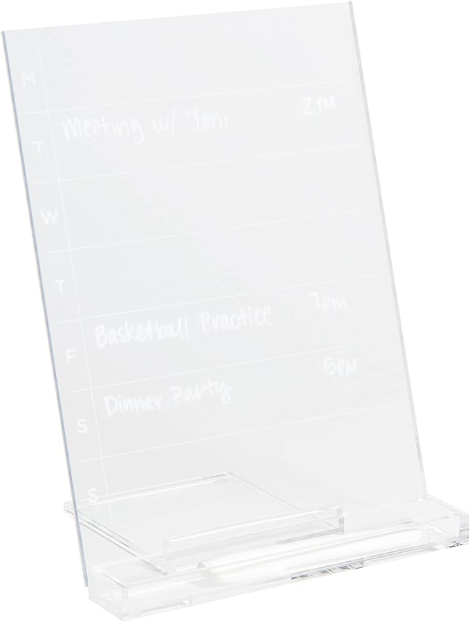 russell+hazel Acrylic Weekly Calendar Tablet, Clear, Includes Dry Erase Marker, 9" W x 11.89" L x 6" H (93918)
