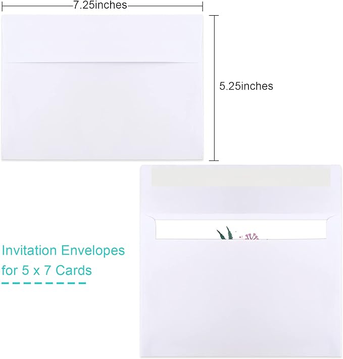 50 Packs 5x7 Envelopes, White A7 5x7 Envelopes for Invitations, Printable, Self Seal for Weddings, Photos, Postcards, Greeting Cards, Mailing