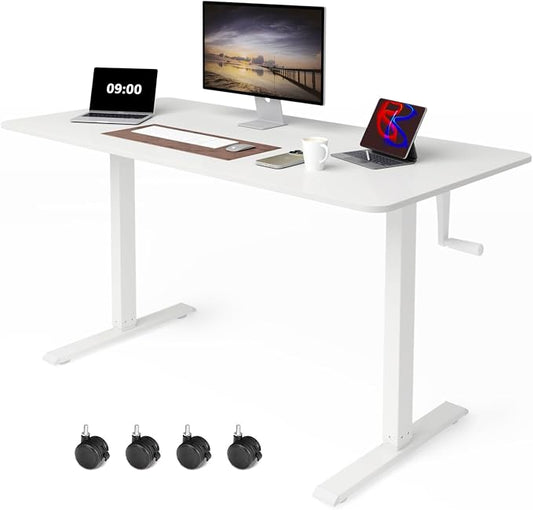 Whole Piece Manual Standing Desk Adjustable Height with Lockable Casters- Hand Crank Stand up Desk with Wheels, Mobile Sit to Stand Workstation with Handle