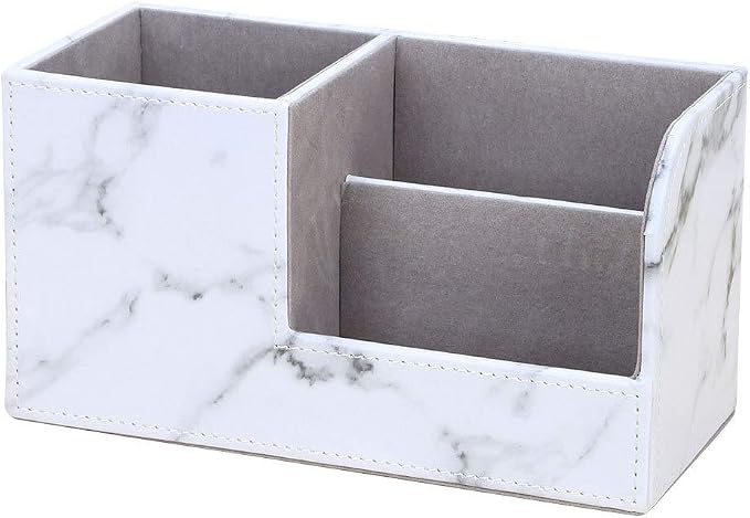 Leather Multi-Function Desk Stationery Organizer Storage Box Pen/Pencil, Cell Phone, Business Name Cards, desk organizers (White Marble)