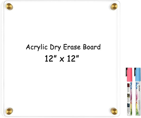 Clear Acrylic Dry Erase Board, 12" X 12" Golden Non-Magnetic Frameless Clear White Board for Wall, Erasable Acrylic Board for Wall, Home, Office, School, 2 Markers