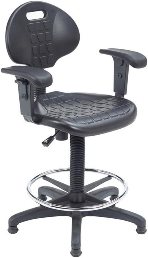 Pemberly Row Modern Polyurethane Task Chair with Arms, Adjustable 22-32 in Height, Black Finish, Heavy Duty Steel Frame, Waterfall Seat, Ribbed Design, Home Office or Industrial Desk Chair
