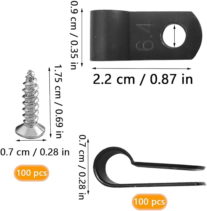 100 PCS Wiring Harness P-Style Mounting Clips, Cable Clamp R-Type, Nylon Screw Mounting Cord Fastener Clips with Screws, Cable Clamp 1/4 Black R Type for Wire Management (Black)