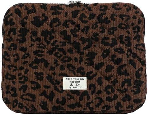 Cute Bow Puffy Laptop Sleeve 13-15 Inch Cute Quilted Laptop Protective Case Padded Bow Computer Sleeve for MacBook (Leopard Coffee, 13inch)