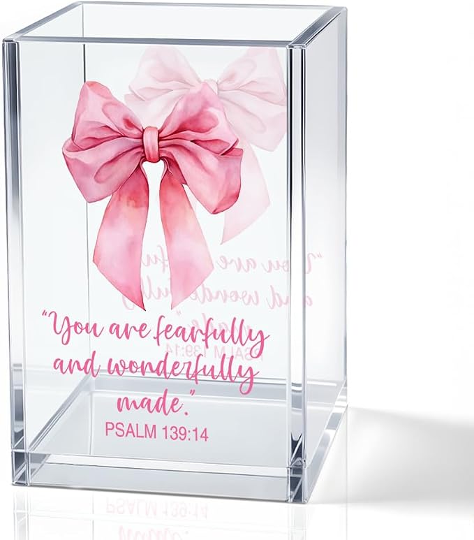 You Are Fearfully And Wonderfully Made Acrylic Pencil Pen Holder Cup, Psalm 139:14 Makeup Brush Storage Organizer, Cute Bow Desk Accessories Holder, Graduation Gifts for Daughter Niece