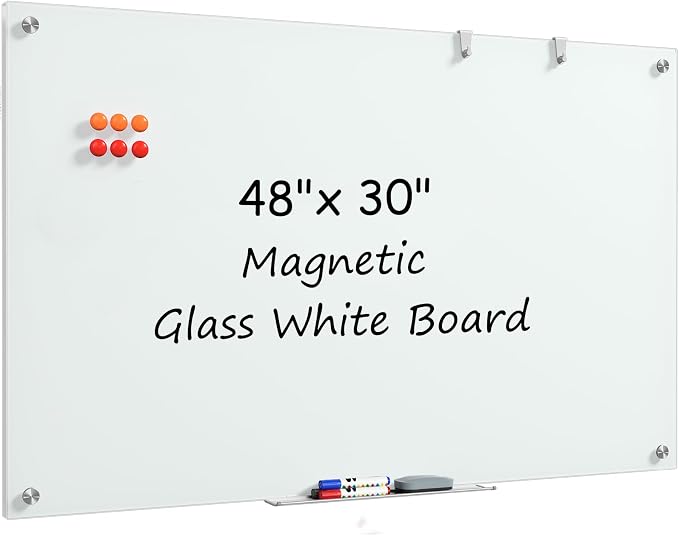 MaxGear Glass Whiteboard Tempered Magnetic Dry Erase Board 48x30 Inch | Magnetic Steel,Frameless Design,Smooth Writing,Ghost Free,Wall Mounted,Accessory Kits,Office Classroom Conference Room Use