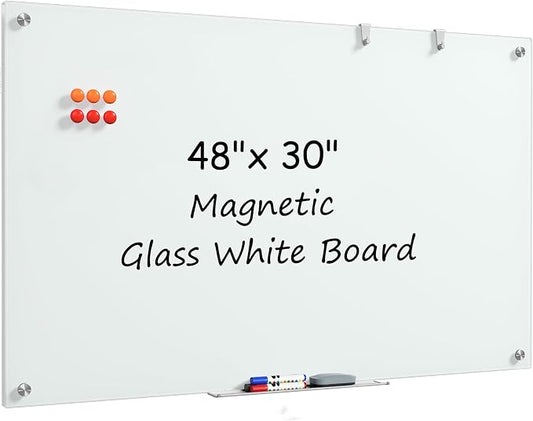 MaxGear Glass Whiteboard Tempered Magnetic Dry Erase Board 48x30 Inch | Magnetic Steel,Frameless Design,Smooth Writing,Ghost Free,Wall Mounted,Accessory Kits,Office Classroom Conference Room Use