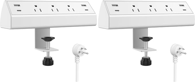 Jgstkcity Desk Clamp Power Strip,40W Total Fast Charging Station,2 PD 20W USB C Ports,Desk Edge Mount Surge Protector for Home, Office,3 Outlets,Fit 1.96" Tabletop Edge,ETL Listed,White (Pack of 2)