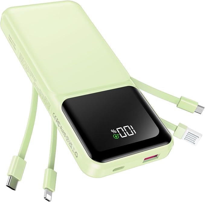 RONEGN Portable Charger with Built in Cable -20000mAh Fast Charging Power Bank USB C Slim 22.5W LED Display Battery Pack 5 Outputs & 3 Inputs for Travel Essentials iPhone Samsung Phones Green