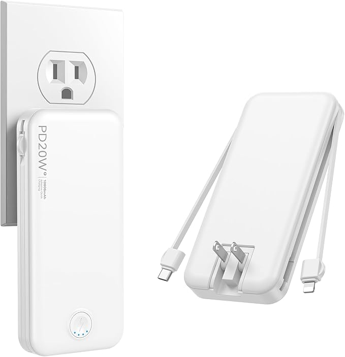 Nusyddy Portable Charger 10000mAh PD20W w/Built-in Cables & Wall Plug White | PD20W Fast Charging, Battery Indicator, Pass Through Charging, TSA Approved, Compact/Slim, Power Bank for iPhone/iPad/Samsung
