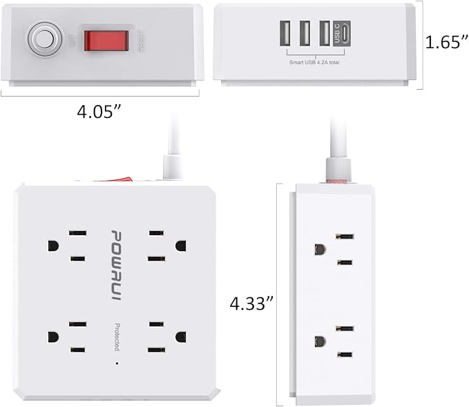 Surge Protector Power Strip - 6 Ft Flat Plug Extension Cord with 8 Widely Outlets and 4 USB Ports(1 USB C), 3 Side Outlet Extender for Home Office, White, ETL Listed
