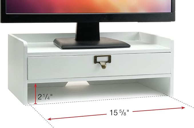 EXCELLO GLOBAL PRODUCTS Wooden Monitor Stand: Includes Drawer for Desktop Organization of Notebooks, Pens, Pencils & Office Supplies (White)