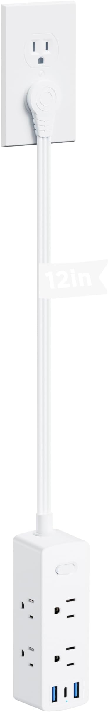Olcorife Flat Plug Power Strip with 1 FT Extension Cord, 6 Outlets 3 USB Ports(1 USB C), 3 Sided Outlet Extender for Home Office Travel Dorm Room Essentials, White