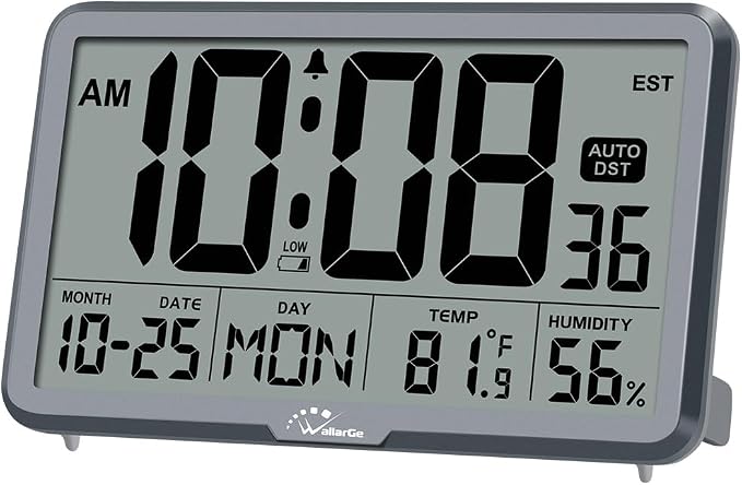WallarGe Auto Set Digital Wall Clock Battery Operated, Auto DST | Desk Clock with Temperature, Humidity and Date, Large Display Digital Calendar Alarm Clock for Bedroom, Office, Classroom