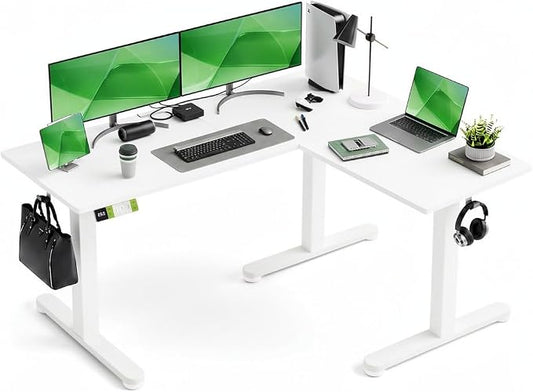 Claiks L-Shaped Electric Standing Desk with Dual Motors, 59 x 51 Inch White | 3 Memory presets for height adjustment, 28.3 to 46.5 inch range, 176 lbs capacity, steel frame, waterproof desktop