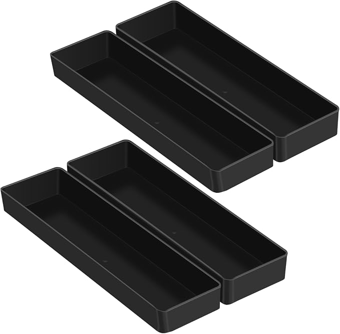 Teling 4 Pcs Black Plastic Desk Organizer Tray Shallow Drawer Pencil Tray Tabletop Organizer for Office, Home, or Study 9.45x2.95x1.38 Inch