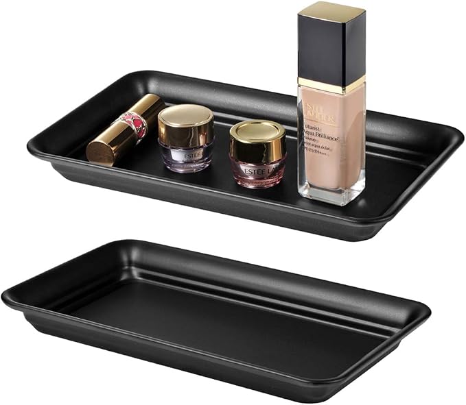 SheeChung Metal Vanity Tray, Bathroom Counter Storage Tray, Black 2 Pack | Sturdy Decorative Tray Holder, Farmhouse Vintage Decor Accessories for Perfume, Cosmetics, Jewelry, Makeup, Guest Hand Towel