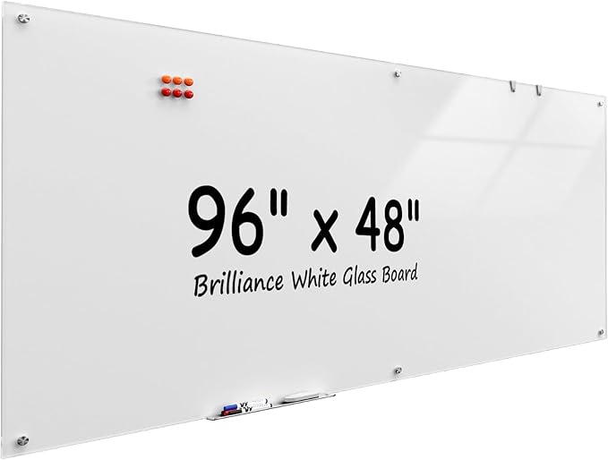 MaxGear 96" x 48" Glass Whiteboard Wall Mounted for Office Home Classroom | Magnetic Glass Dry Erase Board, Tempered Glass, Steel Backed, Non-Porous Surface, Frameless Design, Hardware Included