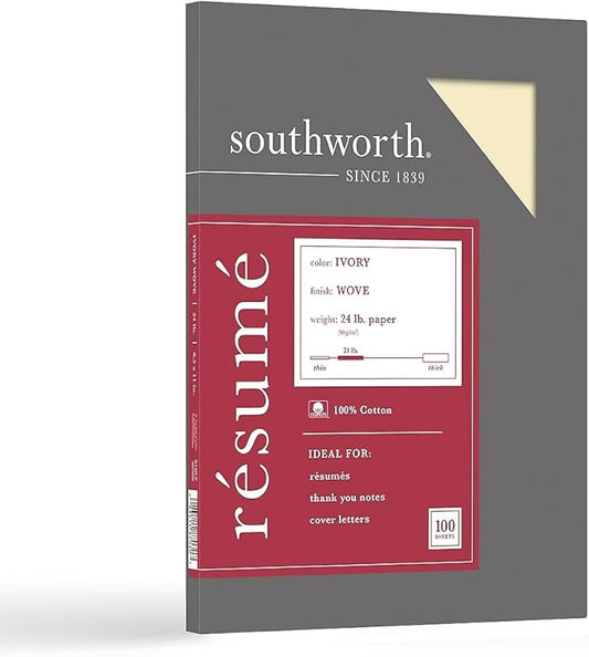Southworth® 100% Cotton Résumé Paper, 8 1/2" x 11", 24 Lb, 100% Recycled, Ivory, 100 Count (Pack of 12)