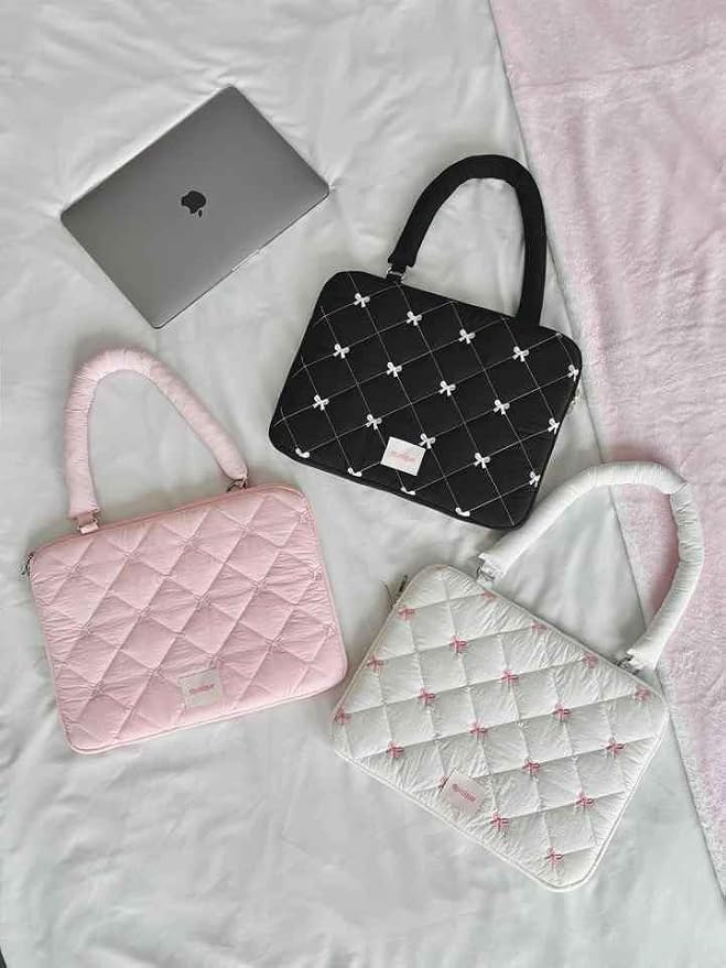 Puffy Laptop Sleeve 13-15.6 Inch Cute Quilted Laptop Protective Case Padded Floral Computer Sleeve for MacBook (Bow, 13 Inch)