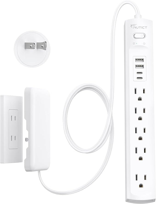 2 Prong Power Strip, NUTICT 2 Prong to 3 Prong Outlet Adapter, Flat Extension Cord with Outlet Cover 6FT, 5-Outlet & 4 USB Ports, 1440J Surge Protector, Wall Mountable, Ideal for Old House, White