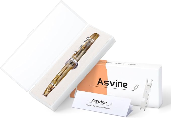 Asvine V800 Fountain Pen -Vacuum Filling System with Large Ink Capacity-Number 8 Stub Nib 1.1mm Calligraphy Art Drawing with Wrench Gift Set- Brown White Acrylic