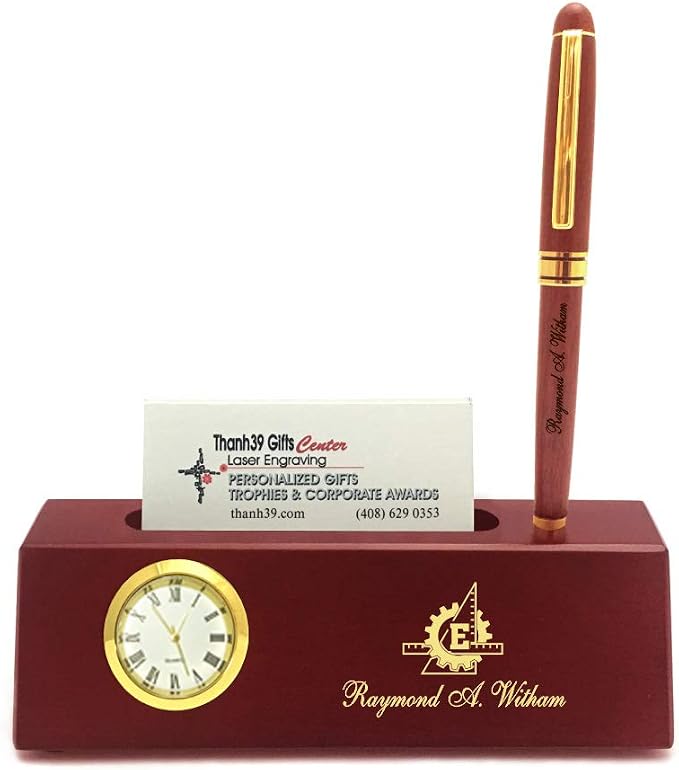 Personalized Solid Rosewood Business Card Holder with Clock and Pen for Engineer