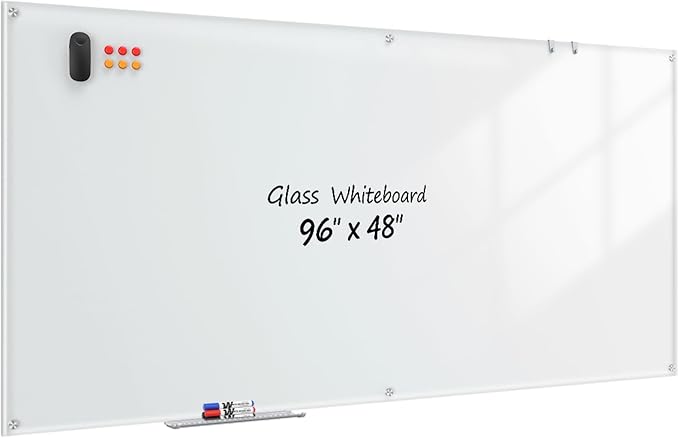 Glass Whiteboard 96" x 48", Frameless Wall Mounted Dry Erase Board with Tempered Glass Surface, Steel-Backed Magnetic Support, Tray, Eraser, Markers & Magnets for Office, School, Home