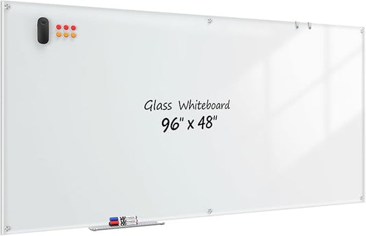 Glass Whiteboard 96" x 48", Frameless Wall Mounted Dry Erase Board with Tempered Glass Surface, Steel-Backed Magnetic Support, Tray, Eraser, Markers & Magnets for Office, School, Home