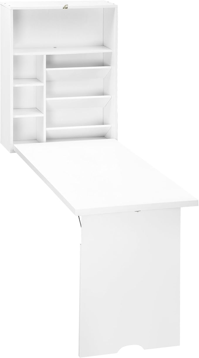HOMCOM Wall Mounted Fold Out Convertible Desk, Multi-Function Floating Desk with Storage Shelf for Home Office, White