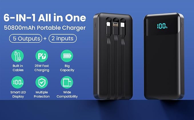 Portable Charger Power Bank 50800mAh with 3 Built-in Cables,25W PD Fast Phone Charging Portable Battery Pack,5 Outputs Travel Essentials Outdoor External Battery for iPhone 17/16/15,Galaxy Android etc