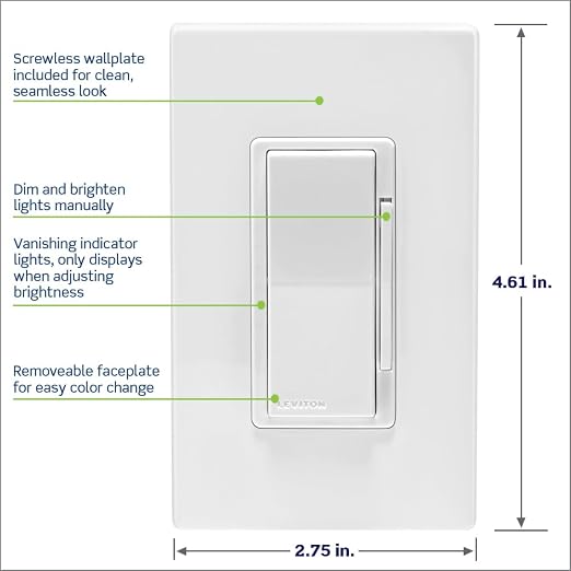 Leviton Decora Smart Dimmer Switch, 0-10V, Wi-Fi, Neutral Wire Required, Works with Matter, My Leviton, Alexa, Google Assistant, Apple Home/Siri & Wired or Wire-Free 3-Way, D2710-1BW, White