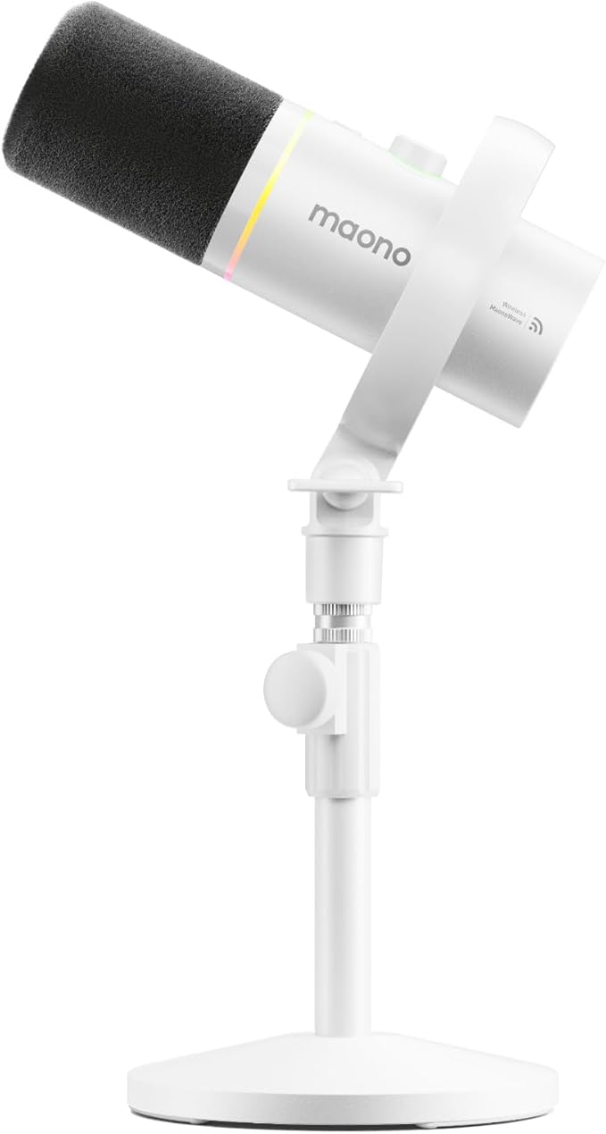 MAONO PD200W Hybrid Wireless Podcast Microphone for PC, Dynamic XLR USB Mic with Desktop Stand, Software, Noise Cancellation, for Vocal Recording, Streaming, Content Creation,White