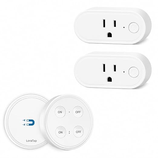 LoraTap Wireless Outlet (2 Pack) - Ergonomic Round Remote (Comfort Grip!) + Magnetic Wall Base - Stick & Grab, No Wall Damage - 15A/1875W 100ft Range - Control for Hard-to-Reach Sockets