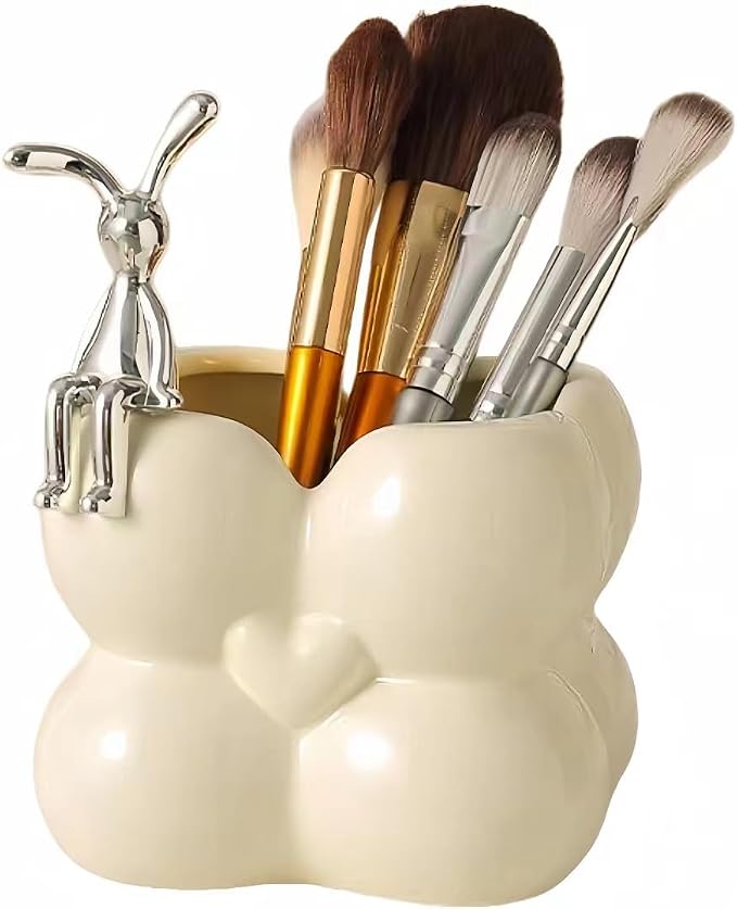 Irregular Aesthetic Pen Holder for Desk Bunny Designer Cute Office Supplies Cubicle Decor Kawaii Workspace Accessories Boho Makeup Organizer Pencil Cup Caddy for Home Office (Yellow C)