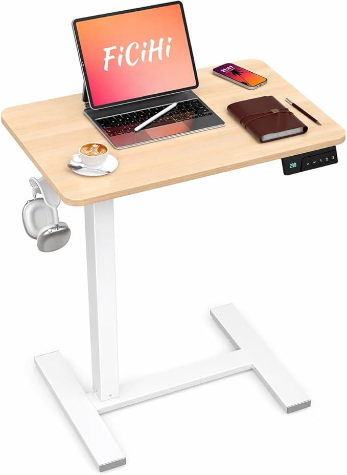 FiCiHi Electric Standing Desk with Wheels – Adjustable Height Mobile Sit-Stand Laptop Table, Portable Rolling Small Computer Workstation for Home Office & Bedside Use (24"x16", Maple)