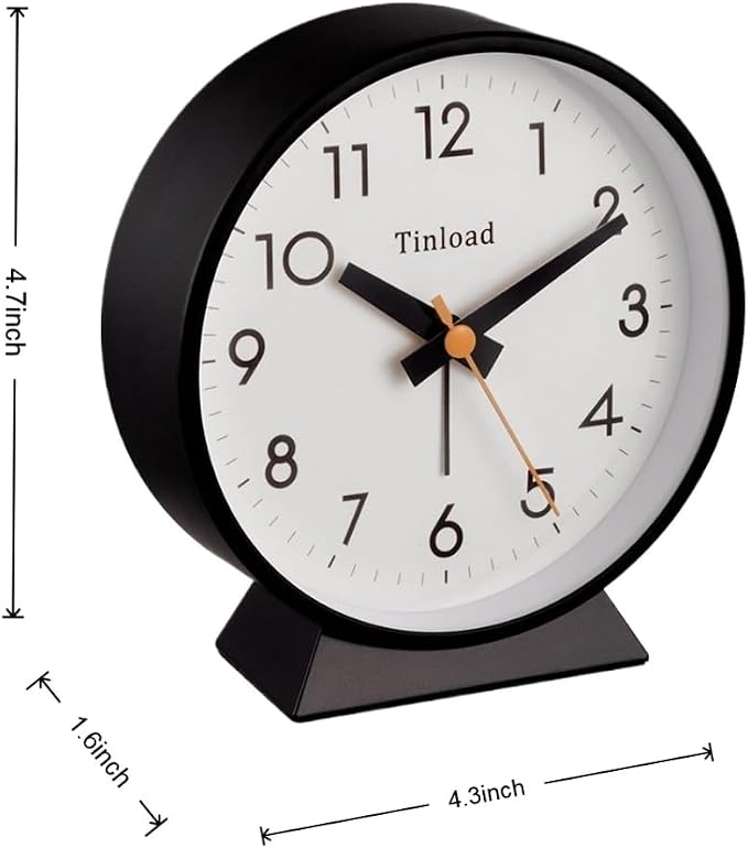 Tinload 4.5" Battery Operated Antique Retro Analog Alarm Clock, Small Silent Bedside Desk Clock,Lighted on Demand, Battery Operated, Snooze, for Living Room, Bedroom, Bedside, Desk, Gift Clock