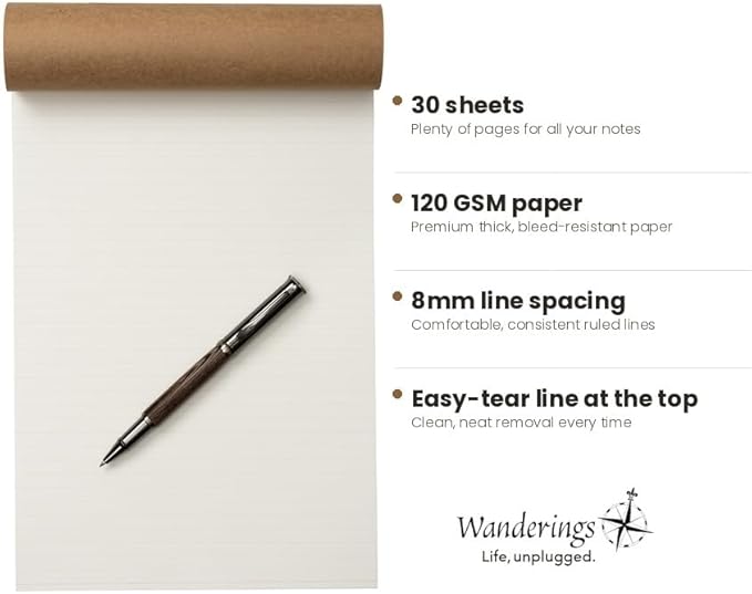 Wanderings A4 Lined Refill Notepad for Padfolio - Portfolio Writing Pad with Easy-Tear Line, 30 Sheets, 125 GSM Refill Paper, 8.2" x 11.7" (21 x 30 cm)