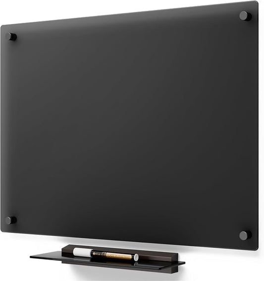 YEOUX Glass Dry Erase Whiteboard - 17"x23" Translucent Black Glass White Board for Wall with Wooden Based Floating Marker Tray, Non-Magnetic Writing Board for Kitchen, Home and Office