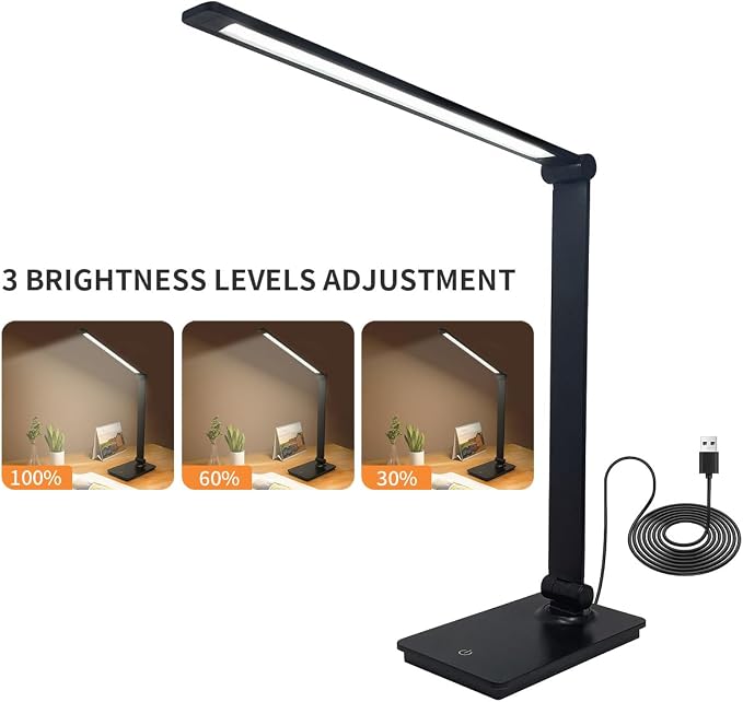 LUJOLUMIN Foldable LED Desk Lamp, 700LM Eye-Caring Light with USB Cable | Metal Dimmable Table Lamp, 3 Brightness Levels, Touch Control, for Home Office Kids
