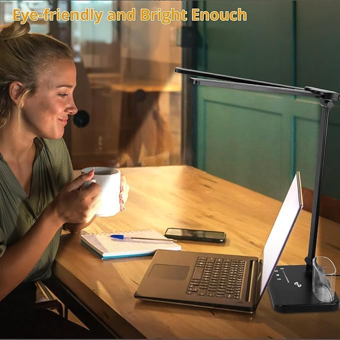 Woputne LED Desk Lamp with Dual Heads – 5 Colour Modes & 10 Brightness Levels, Adjustable Reading Light for Home Office, Bedroom, Study, and Craft (Black, Includes Adapter)