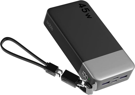 NOBIS Portable Charger 20000mAh, 45W Power Bank Fast Charging, 4-Output Battery Pack w/Detachable Dual Type-C Lanyard Cable & Hook, Battery Bank w/Digital Display for Phone, Laptop, Steam Deck