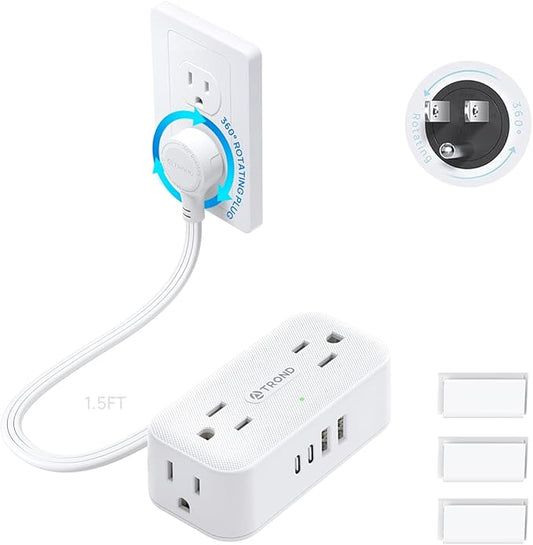 TROND 360° Rotating Flat Plug Short Extension Cord 1.5FT - Low Profile Power Strip Mountable, 4 AC 4 USB, 900J, 13A/1625W, Compact for Tight Spaces Hard Reach Outlet in Bedroom Home Office Dorm, White