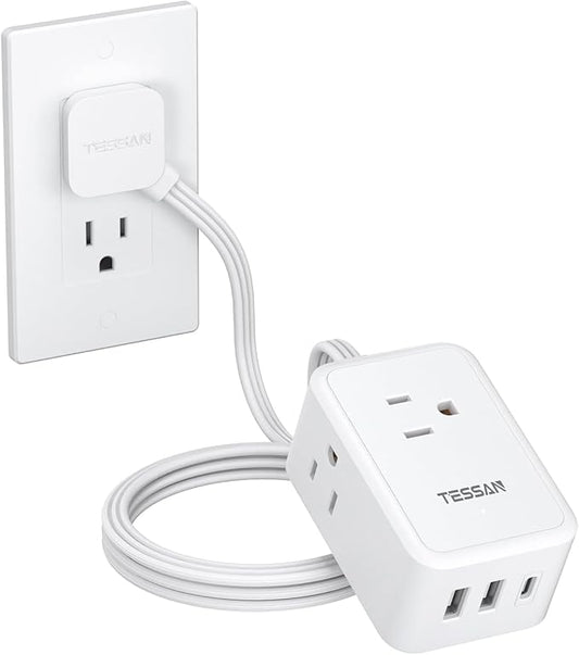 TESSAN Small Flat Plug Power Strip, Ultra Thin Extension Cord 5 ft, 3 AC Outlets with 3 USB Ports (1 USB C), Multiple Wall Outlet Extender for Cruise Travel Office School Dorm Room Essentials, White