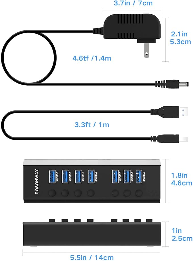 USB Hub 3.0 Powered Rosonway Aluminum 7 Ports USB 3.0 Data Hub Splitter with 24W (12V/2A) Power Adapter and Individual On/Off Switches USB Port Expander for PC and Laptop (RSH-A37S) (Pack of 2)