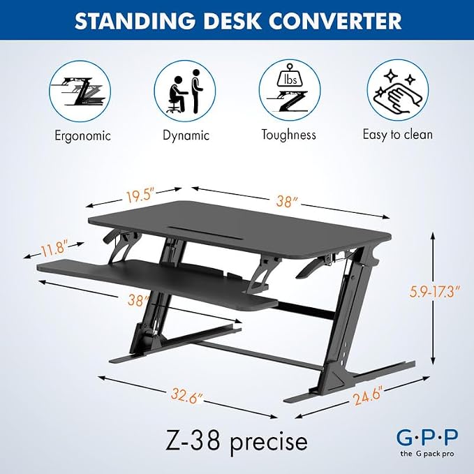 Standing Desk Converter 38 Inch, Height Adjustable to 17.3 Inches | Dual Monitor Work Surface With Keyboard Tray, Steel Frame, and Smooth Manual Lift for Home Office Setups