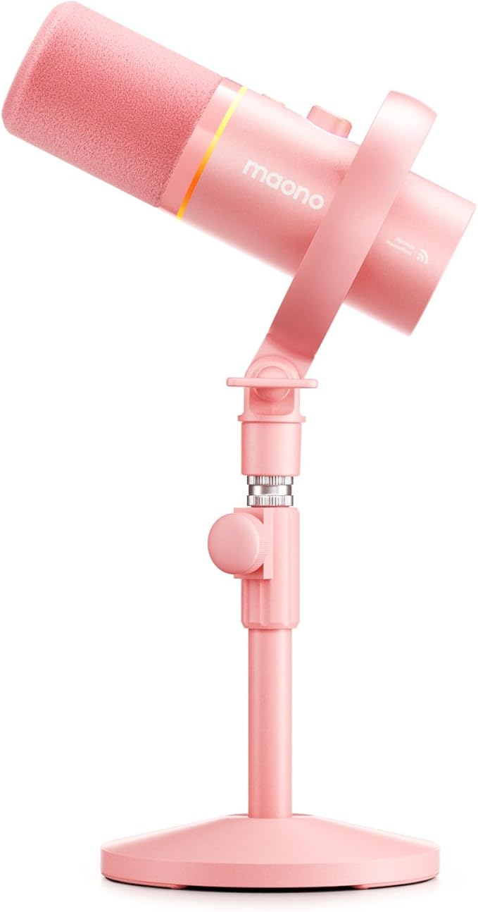 MAONO PD200W Hybrid Wireless Podcast Microphone for PC, Dynamic XLR USB Mic with Desktop Stand, Software, Noise Cancellation, for Vocal Recording, Streaming, Content Creation, Pink
