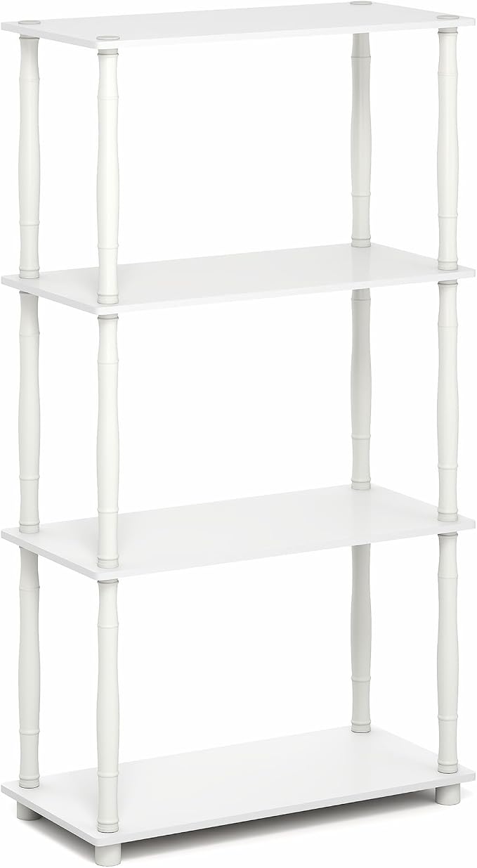 Furinno Turn-N-Tube Storage Shelves, 4-Tier Open Frame Book Shelf, Standing Corner Shelf, Toolless Open Shelves, Classic Tubes, for Organization and Storage, Living Room, Home Office, White