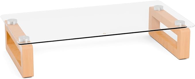 YEOUX Multi-Purpose Desktop Stand, Clear Floating Computer Monitor Riser with Natural Wood Base, Desk Organization Shelf for Printer, Laptop, Audio Device, Flat Screen